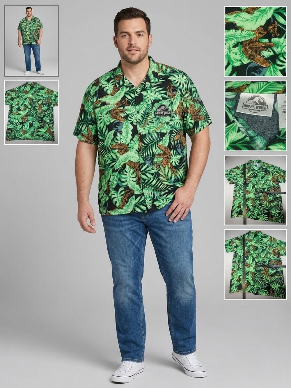 Jurassic World Mens 2XL Short Sleeve Button Down Shirt Tropical Dinosaurs Green